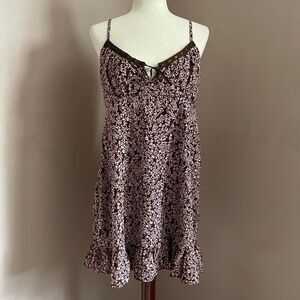 Y2K No Boundaries Floral Mini Dress Brown Pink Ruffle Hem Cami Fairy Grunge XL